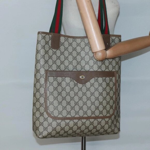 GUCCI GG Supreme Web Sherry Line Tote Bag PVC Beige Red 39 02 003 Auth 138451 - Picture 15 of 16